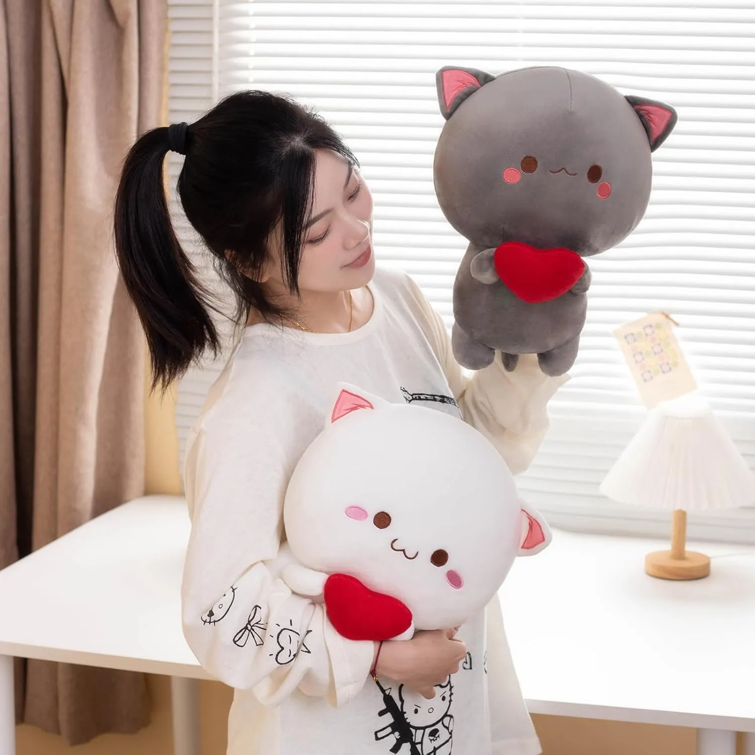 Cute Cat Plush Toy, Super Soft Gray and White Cat Plush Toy, Plush Cat Stuffed Animals, Valentine's Day Gift, Sweet Romantic Cute Cat Plush Toy(2PCS)
