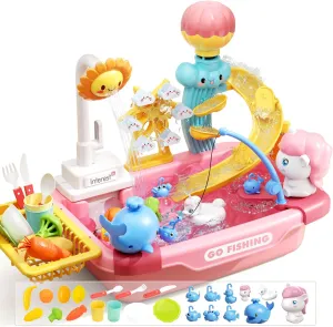 CUTE STONE Play Sink with Running Water, Toy Sink with Electric Faucet, Fishing Game, Toy Kitchen Accessories, Water Play Track, Pretend Play Dishwasher & Outdoor Water Table Toys for Toddlers Girls