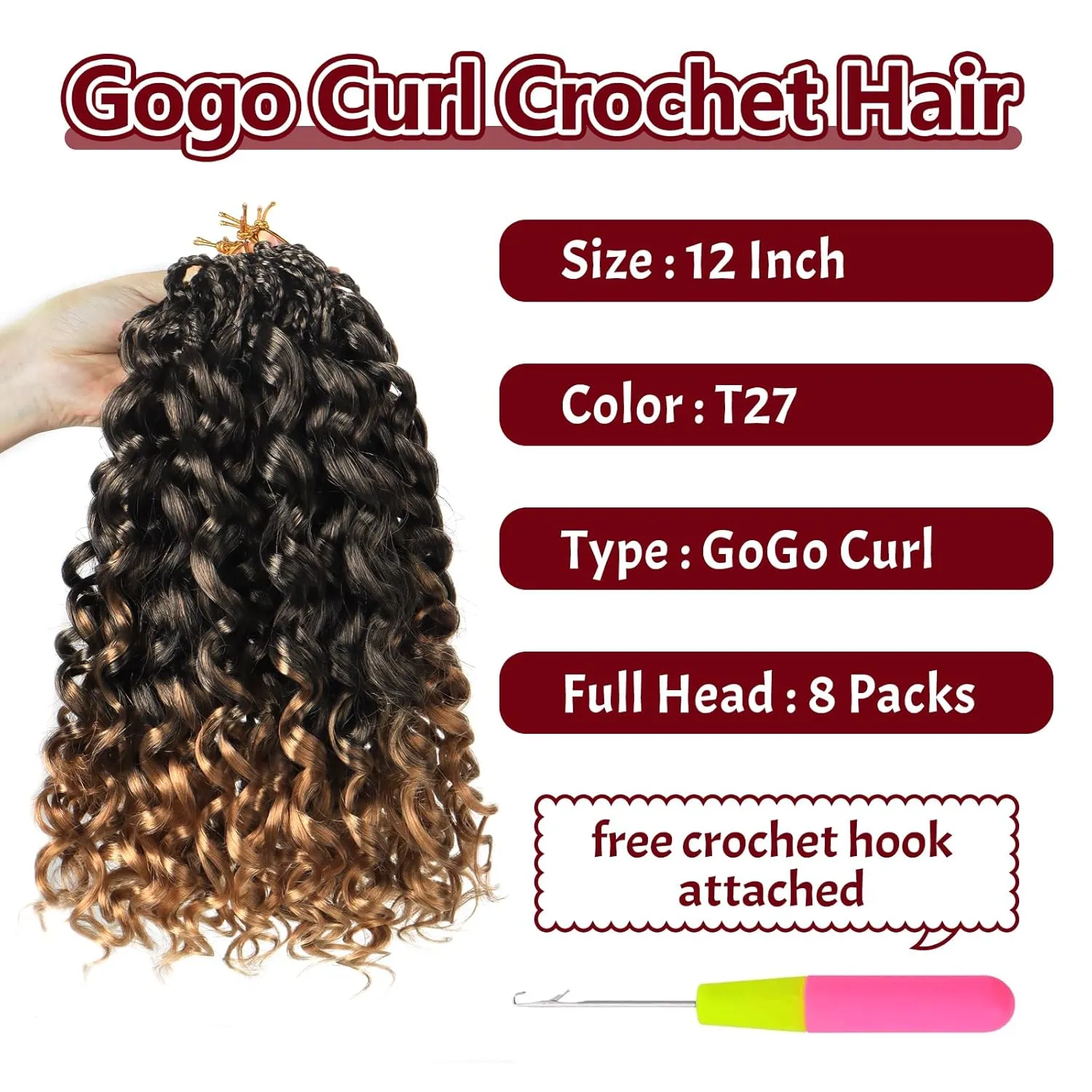 Datanala GoGo Curl Crochet Hair 12 Inch/8 Packs Pre-looped Water Wave Crochet Hair Long Beach Pretwisted Curl Crochet Braiding Hair Synthetic Extensions For Women (T27, 12inch(8packs))