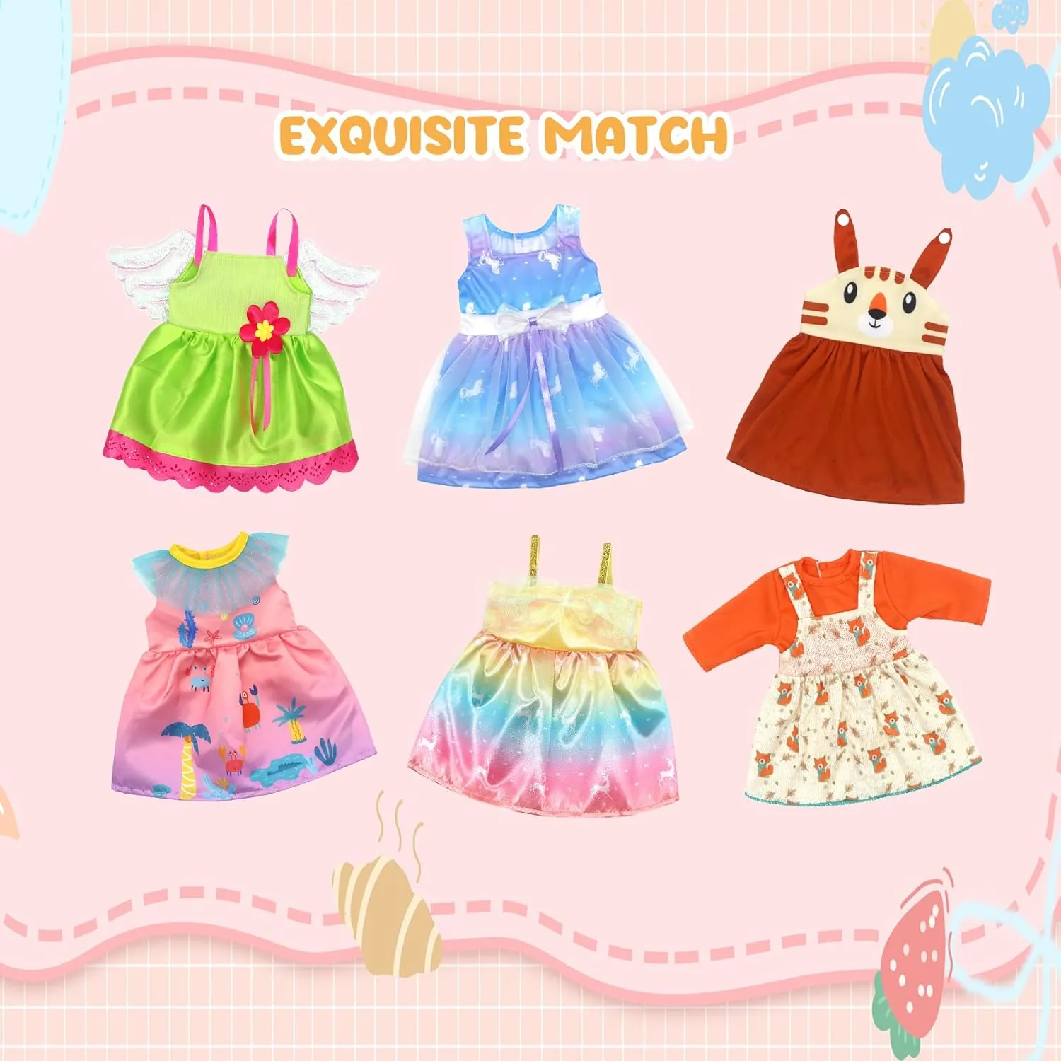 DC-BEAUTIFUL 6 Set Doll Clothes for 16 18 Inch Baby Dolls, Lovely Dress Sets for Doll Girls, Handmade Doll Clothing for 18 Inch Reborn Baby Doll as Xmas Birthday Gift