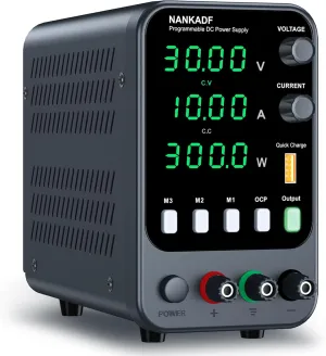 DC Power Supply, 30V 10A Bench Power Supply with Memory Storage & Recall，Variable Power Suppy with Encoder Adjustment Knob, 5V/3.6A USB Quick-Charge & OCP Short Circuit Alarm (0-30v 0-10a)