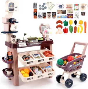 deAO Supermarket Playset for Kids Grocery Store Pretend Play Role Market Stall Toy Shop with Shopping Cart, Plays Kitchen Set for Toddlers,Best Outdoor Playset for Kids
