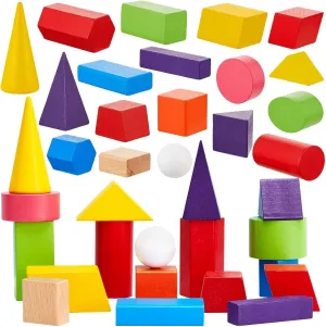 Deekin 36 Pcs Geometric Shapes 3D Shapes for Teaching Wood Large Size Pattern Blocks Multicolor Solid Figures Montessori Classroom Manipulatives for Preschool Elementary Kindergarten Math Home School