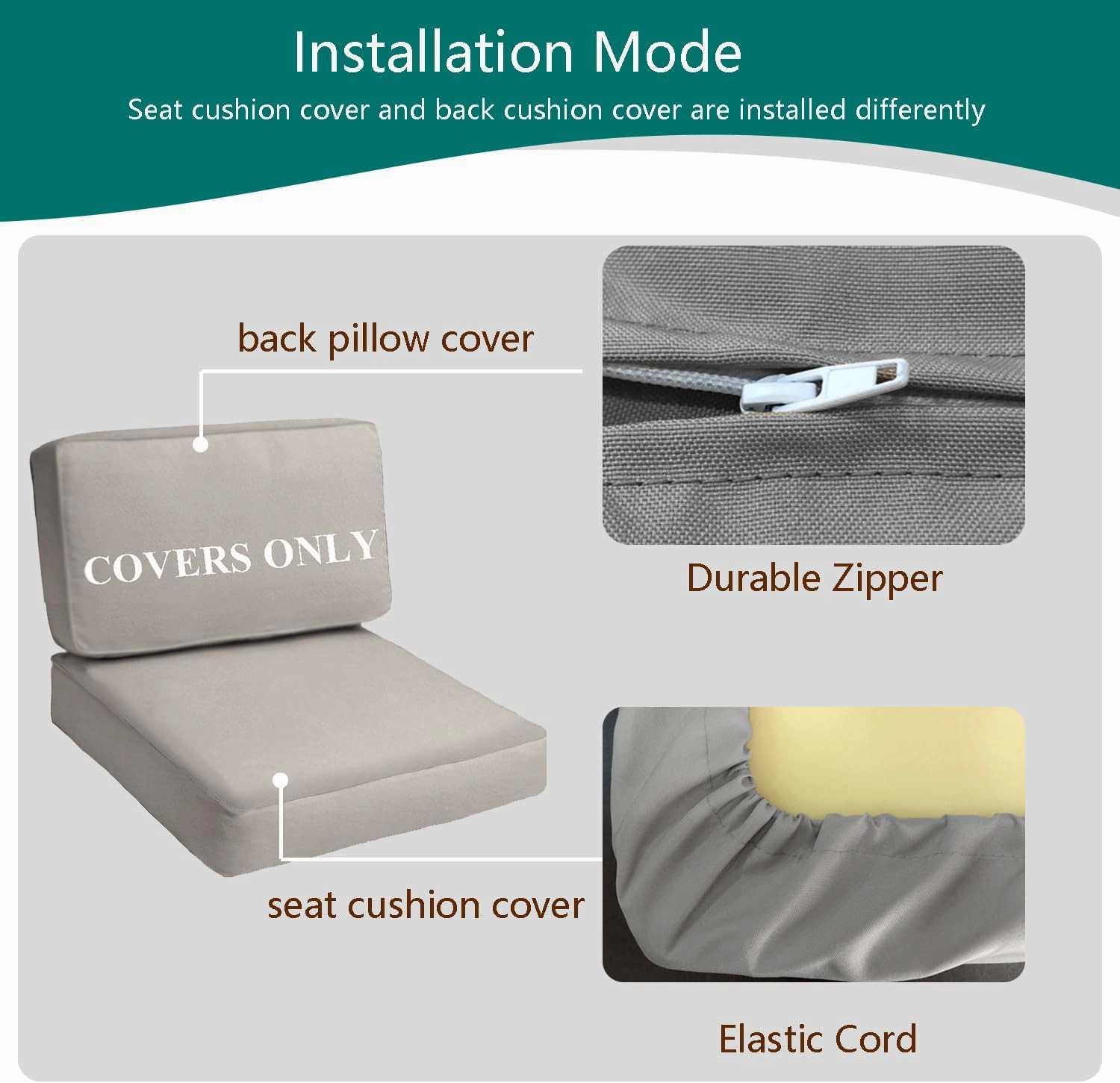 Deep Seating Patio Cushion Set Covers Replacement, Durable Outdoor Cushions Cover, 4Pcs Patio Furniture Cushions Slipcovers with Zipper, 28x28x6, 28x13x6, Grey