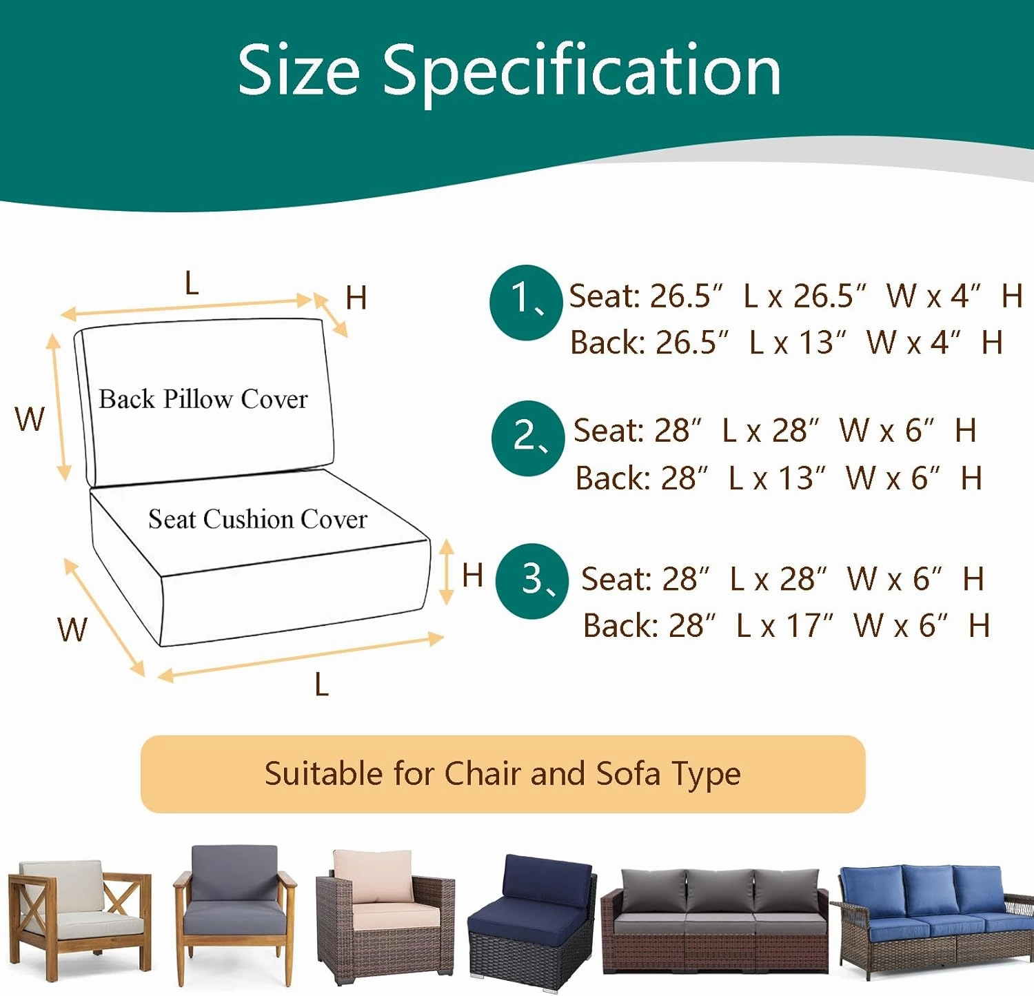 Deep Seating Patio Cushion Set Covers Replacement, Durable Outdoor Cushions Cover, 4Pcs Patio Furniture Cushions Slipcovers with Zipper, 28x28x6, 28x13x6, Grey