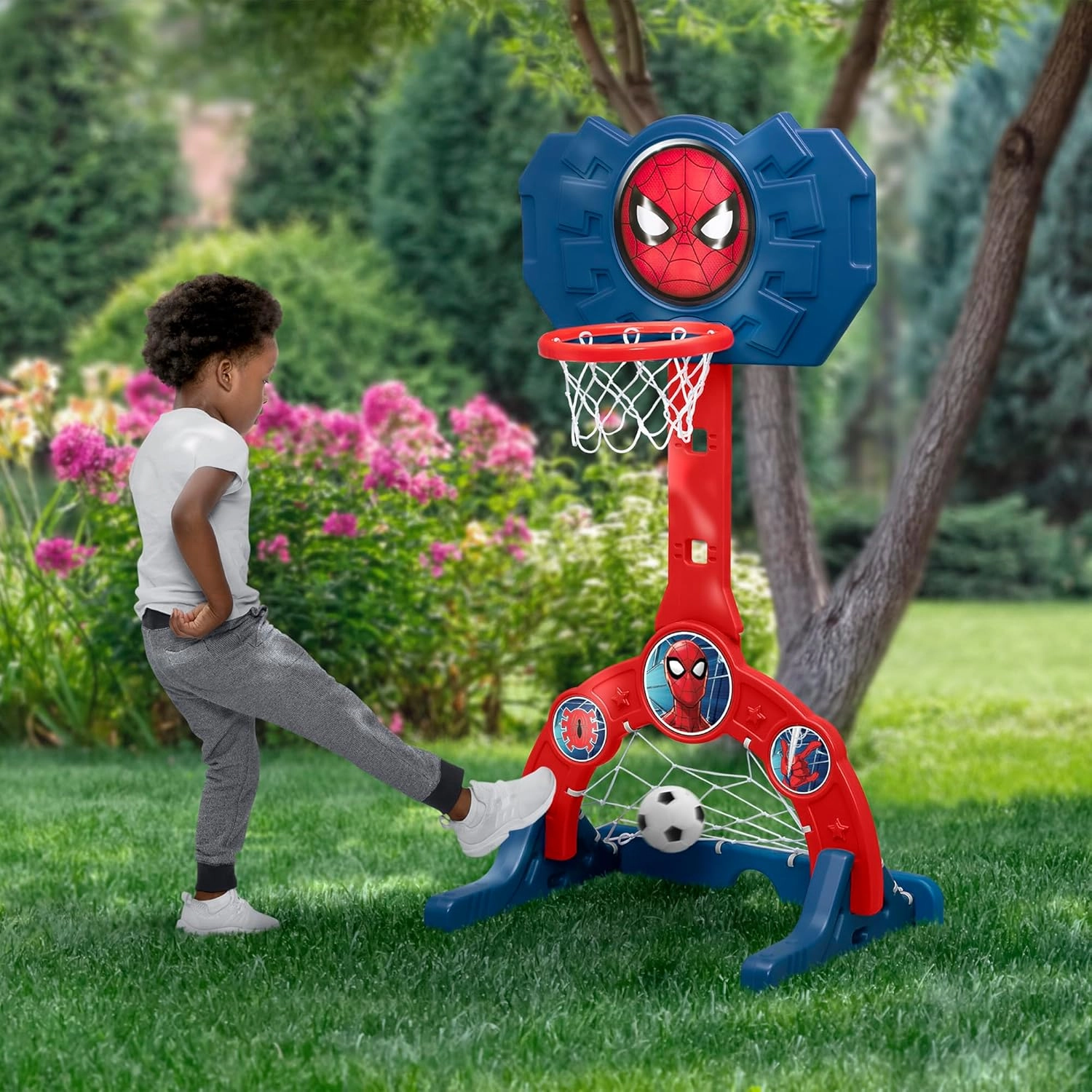 Delta Children Marvel Spider Man 4-in-1 Sports Center – Adjustable Easy Score Basketball Hoop, Soccer/Hockey Net and Golf Game, Red/Blue