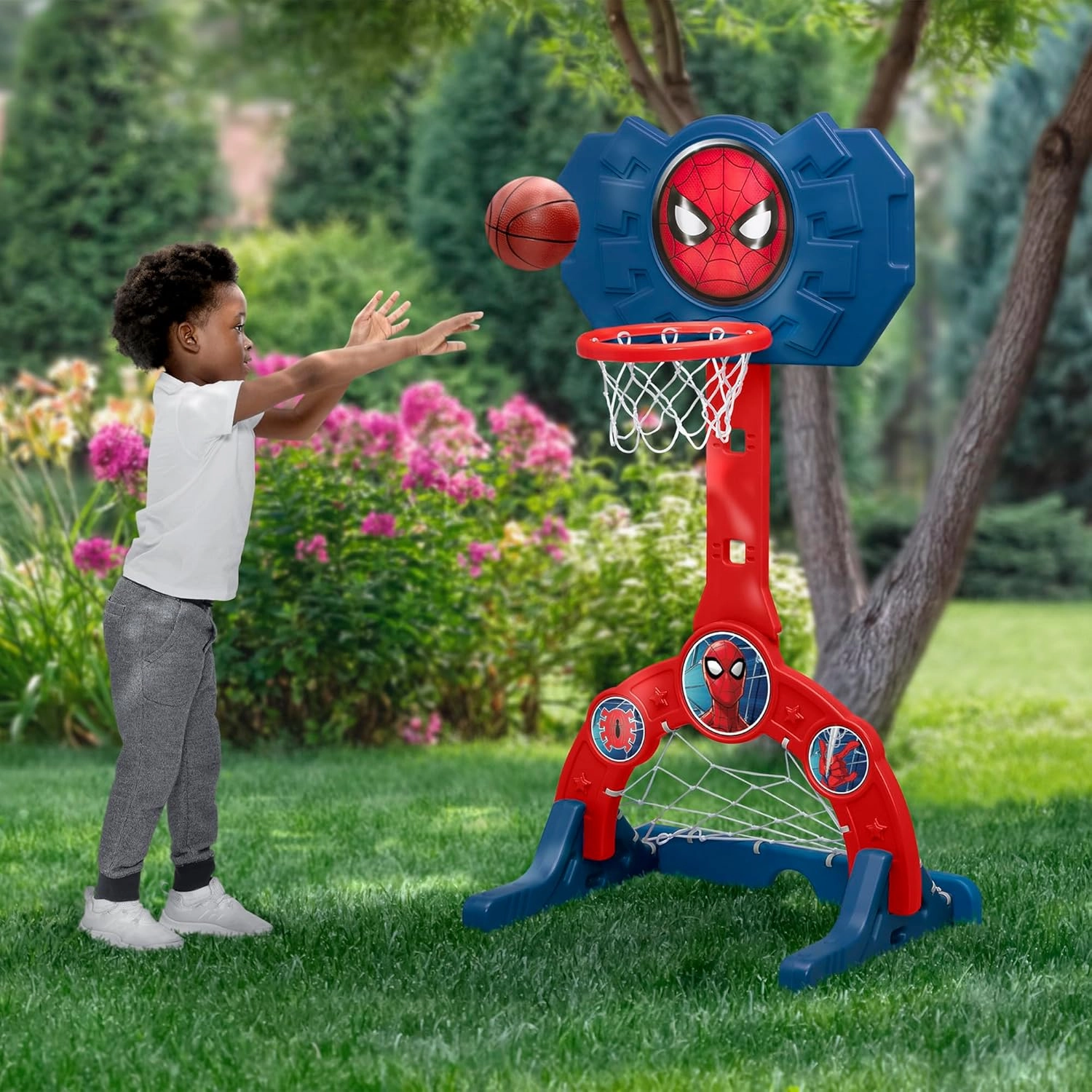 Delta Children Marvel Spider Man 4-in-1 Sports Center – Adjustable Easy Score Basketball Hoop, Soccer/Hockey Net and Golf Game, Red/Blue
