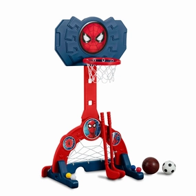 Delta Children Marvel Spider Man 4-in-1 Sports Center – Adjustable Easy Score Basketball Hoop, Soccer/Hockey Net and Golf Game, Red/Blue