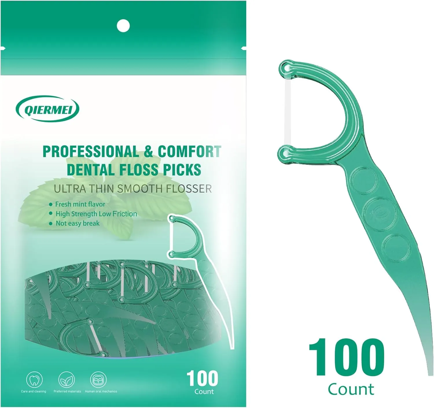 Dental Floss Picks, 100/300/600 Counts in Bag Packing for Adult. Ultra Thin Flate Thread, Mint Flavor, High Strength Low Friction, Not Easy Break.