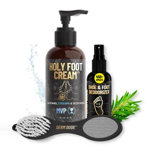 Derm Dude Holy Foot Set | Foot Cream for Dry Cracked Heels, Foot & Shoe Deodorizer Spray & 4-in-1 Foot Scrubber Repair Tool | With All-Natural DeoPlex for Odor Control | Freshen Feet & Shoes - MVP