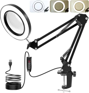 Desk Lamp with Lighting Magnifying Glass: 10x Magnifying Glass Light with 3 Color Modes and 10 Levels of Dimming