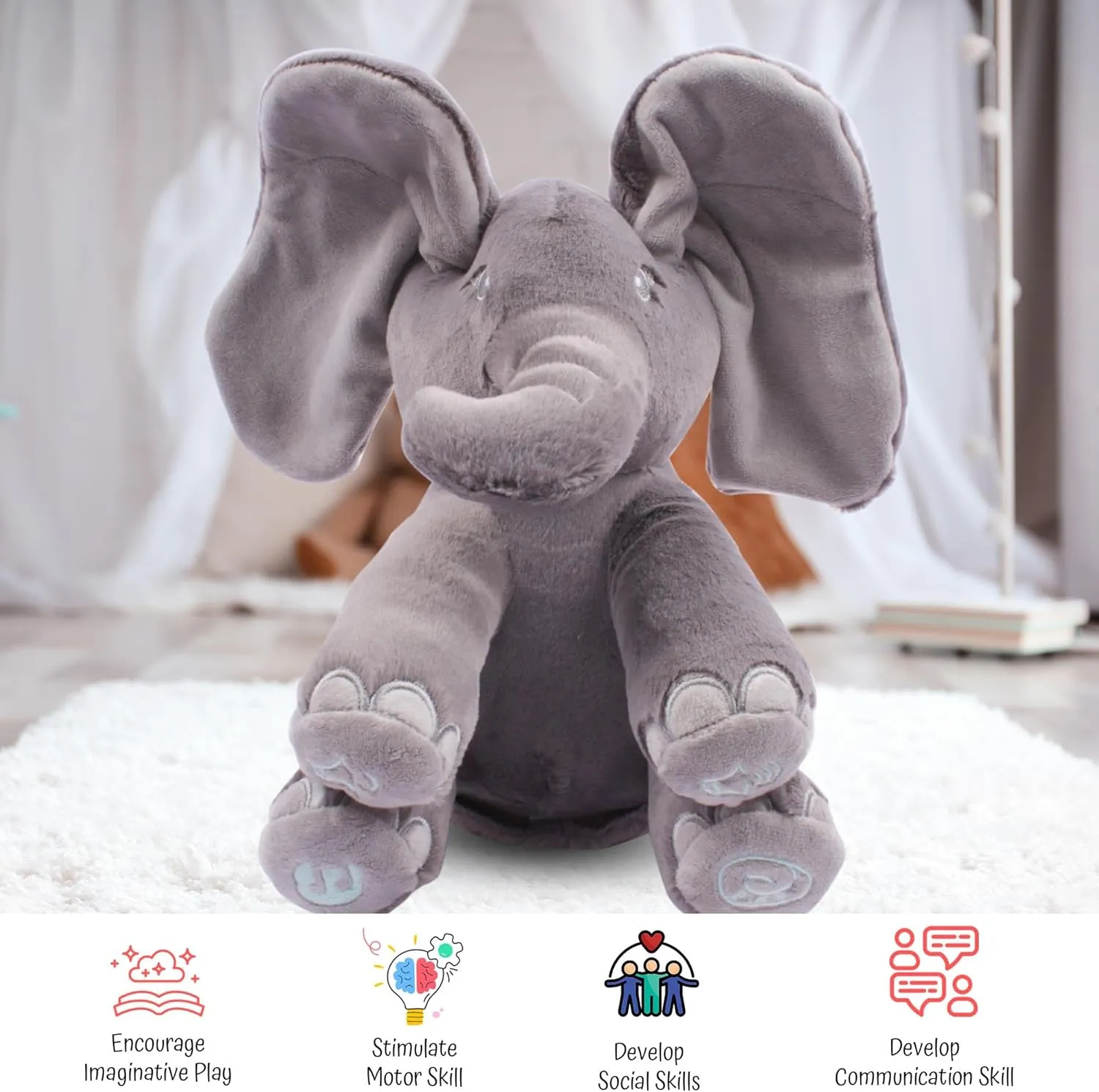 Dimple Emery Elephant Stuffed Animal Toy – 2025 Limited Edition – Animated Plush Grey Singing Elephant, Interactive Peek-a-Boo for Babies and Kids, Perfect for Toddlers, Ages 0 and up