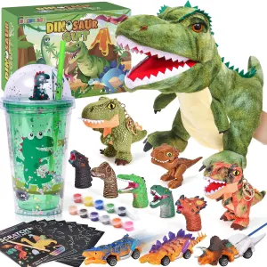 Dinosaur Gift for Boys Toys 3 4 5 6 7 Year Old, Water Bottle & Stuffed Dinosaur Hand Puppets & Painting Kit & Pull Back Cars & Keychain, Birthday Gift for 3  Boys Girls Toy Dinosaur Toys Playset