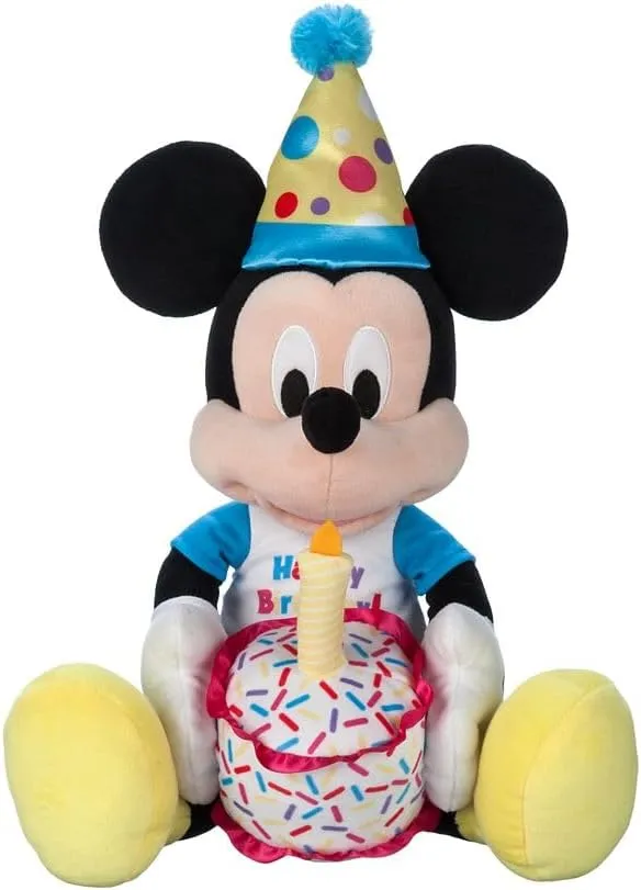 Disney Store Official Happy Birthday Mickey Mouse Stuffed Animal with Plush Cake, Candle & Party Hat - Embroidered Features, T-Shirt & Soft Mouse Ears for Kids