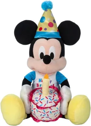 Disney Store Official Happy Birthday Mickey Mouse Stuffed Animal with Plush Cake, Candle & Party Hat - Embroidered Features, T-Shirt & Soft Mouse Ears for Kids