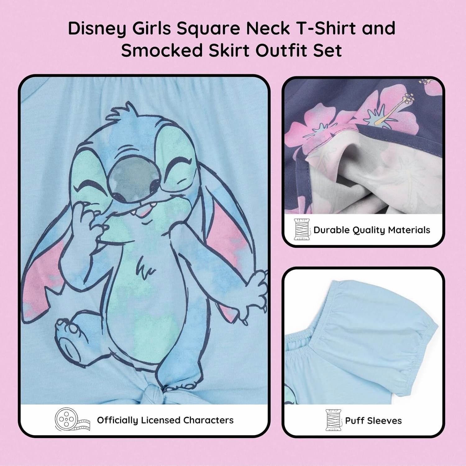 Disney Girls Square Neck T-Shirt and Smocked Skirt Outfit Set Toddler to Big Kid Sizes (2T - 14-16)