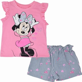 Disney Minnie Mouse Rainbow Floral T-Shirt and Chambray Shorts Outfit Set Infant to Big Kid Sizes (12 Months - 14-16)