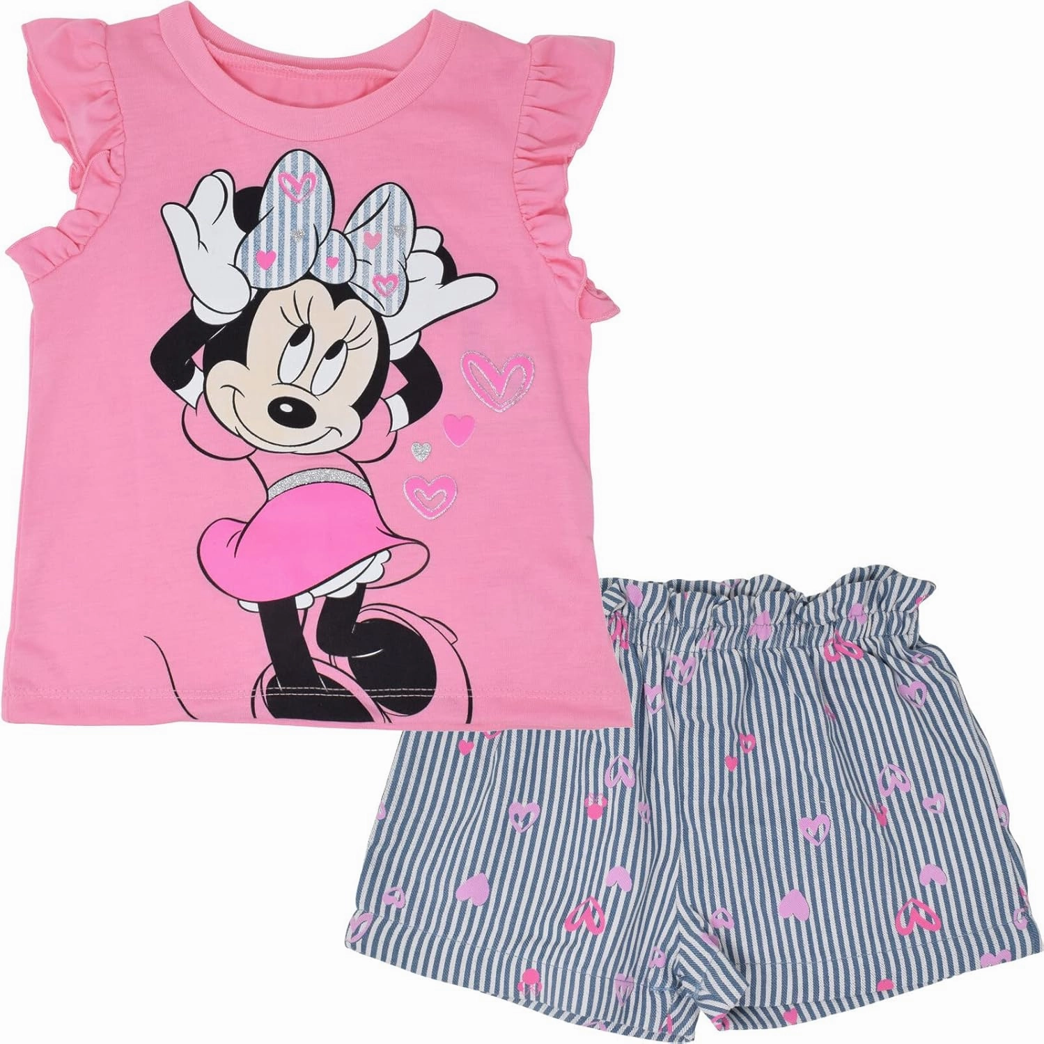Disney Minnie Mouse Rainbow Floral T-Shirt and Chambray Shorts Outfit Set Infant to Big Kid Sizes (12 Months - 14-16)
