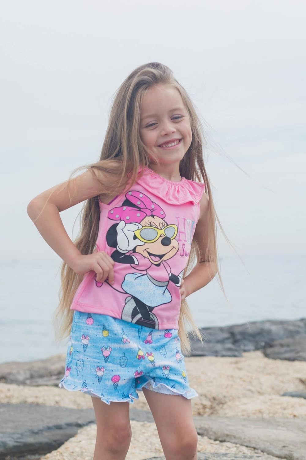 Disney Minnie Mouse Rainbow Floral T-Shirt and Chambray Shorts Outfit Set Infant to Big Kid Sizes (12 Months - 14-16)
