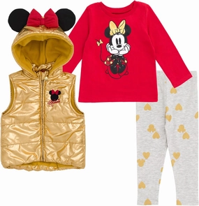 Disney Minnie Mouse Zip Up Vest Puffer T-Shirt and Leggings 3 Piece Outfit Set Infant to Big Kid