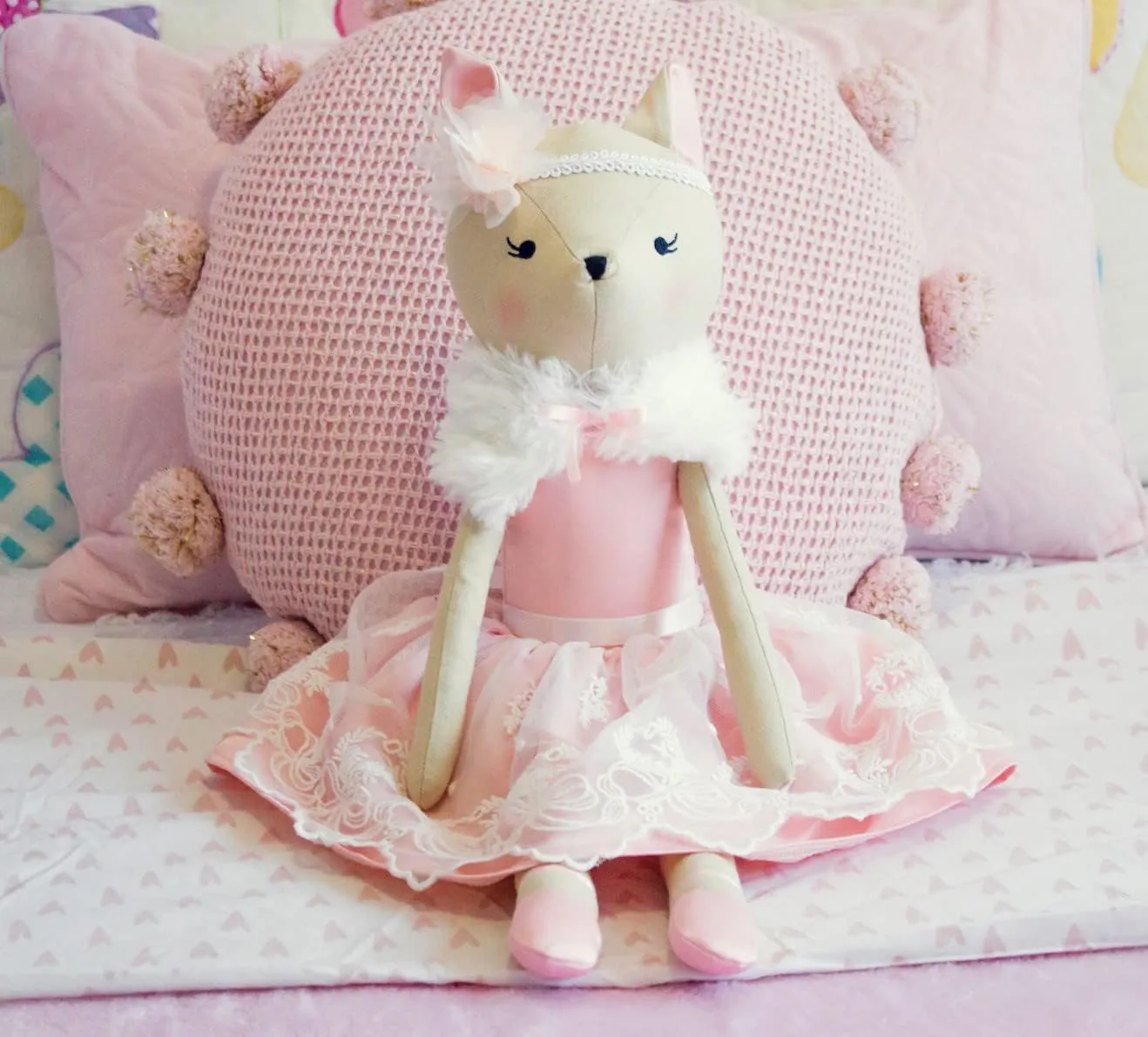 Dixie The Deer Plush Doll | Handmade Stuffed Woodland Animal Toy for Kids & Young Girls | Cute Pink & White Nursery Decor for Children | Soft Cotton Linen Material | 20-inch Tall