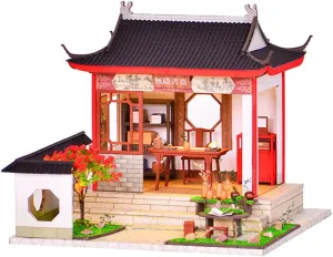 DIY Miniature Dollhouse Kit Chinese Style Courtyard Puzzle Handcrafts Toys No-Hidden Study Room Wooden Doll House with Led Light Creative Room with Furniture