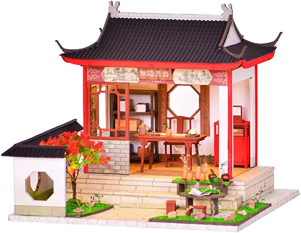 DIY Miniature Dollhouse Kit Chinese Style Courtyard Puzzle Handcrafts Toys No-Hidden Study Room Wooden Doll House with Led Light Creative Room with Furniture