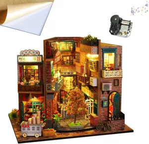 DIYMiniature Dollhouse Wooden Furniture Kit Vintage Style with LED Lights and Dollhouse Kit for Time Cottage Music Box