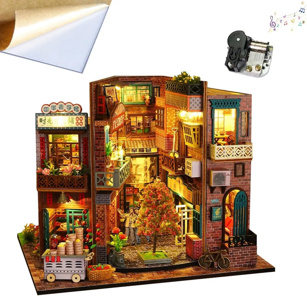 DIYMiniature Dollhouse Wooden Furniture Kit Vintage Style with LED Lights and Dollhouse Kit for Time Cottage Music Box