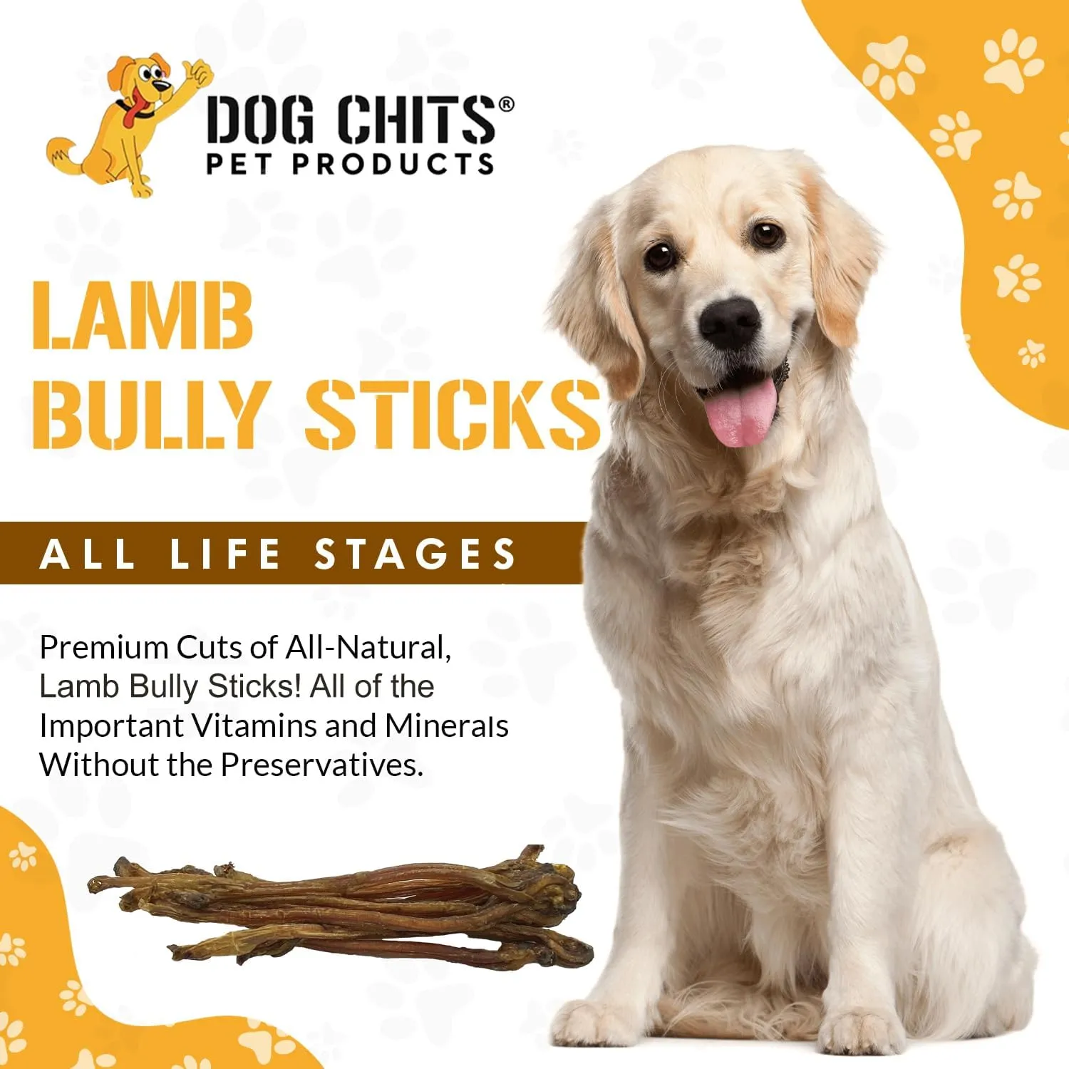 Dog Chits Lamb Bully Sticks for Dogs and Puppies | 8 oz (12 Pieces ) | Natural Healthy Long Lasting Chew for Large and Small Dogs Protein Treats | Odor Free