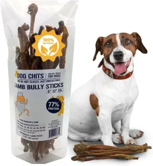 Dog Chits Lamb Bully Sticks for Dogs and Puppies | 8 oz (12 Pieces ) | Natural Healthy Long Lasting Chew for Large and Small Dogs Protein Treats | Odor Free