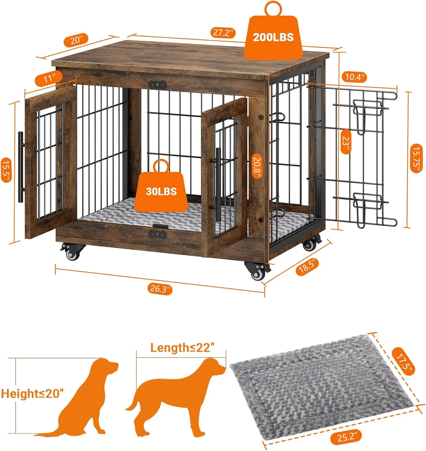 Dog Crate Furniture with Cushion, Wooden Dog Kennel Indoor with Double Doors, Dog Cage with Wheels, Dog House Side End Table for Small Dogs up to 30 lb, 27.2" L, Rustic Brown
