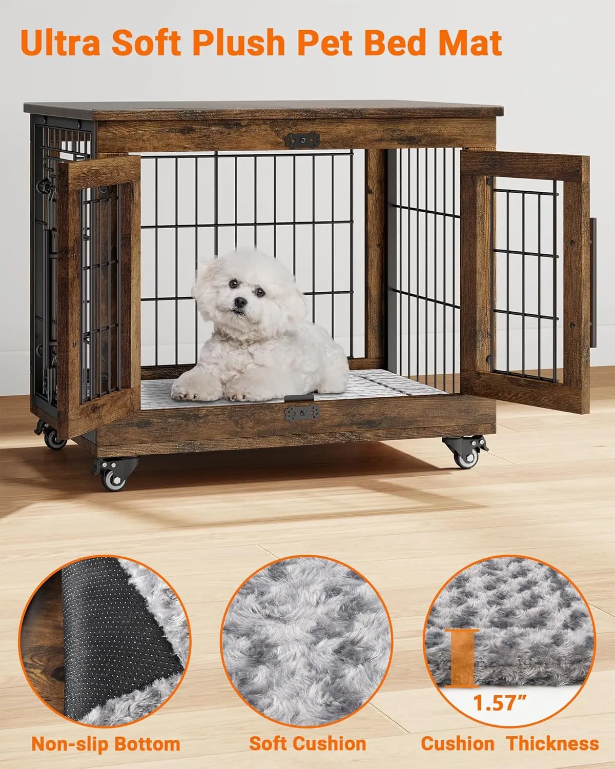 Dog Crate Furniture with Cushion, Wooden Dog Kennel Indoor with Double Doors, Dog Cage with Wheels, Dog House Side End Table for Small Dogs up to 30 lb, 27.2" L, Rustic Brown