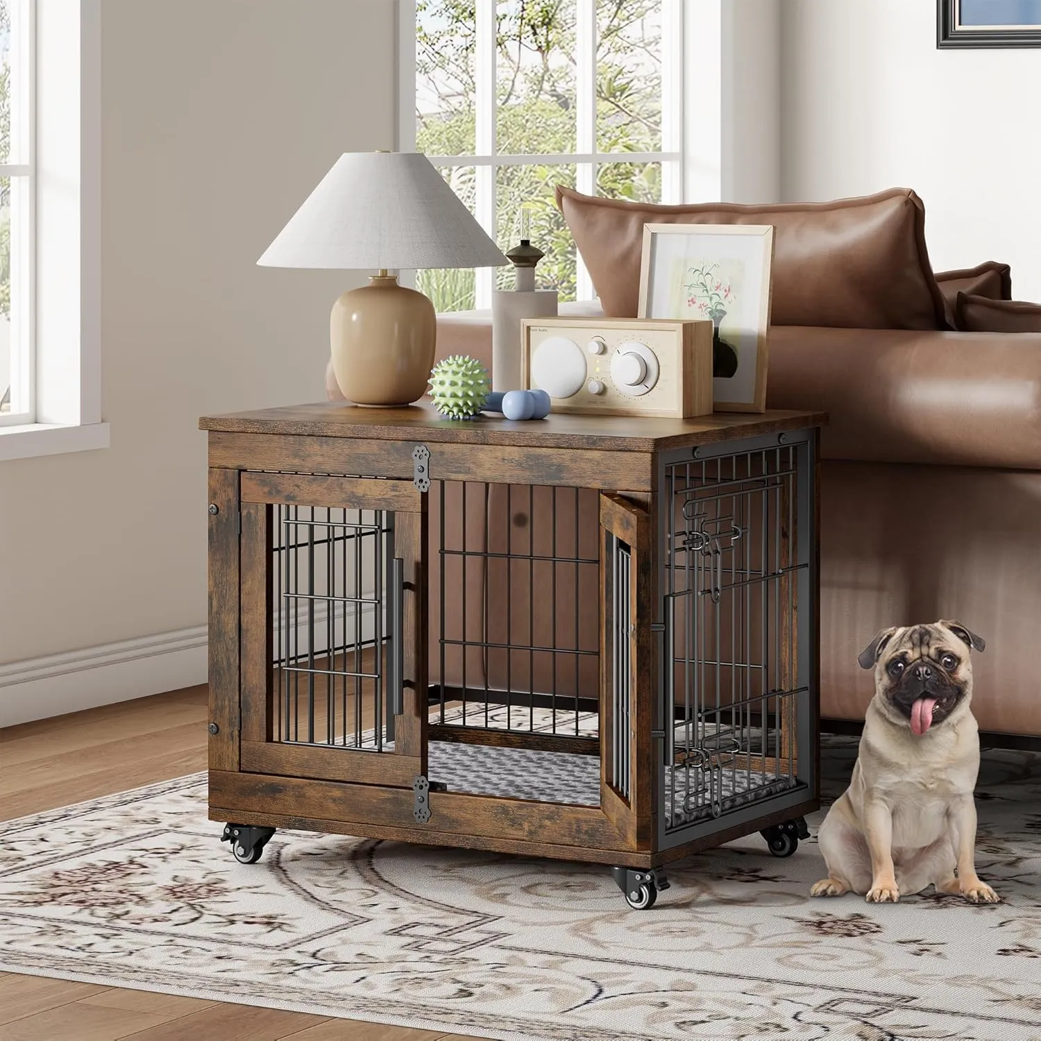 Dog Crate Furniture with Cushion, Wooden Dog Kennel Indoor with Double Doors, Dog Cage with Wheels, Dog House Side End Table for Small Dogs up to 30 lb, 27.2" L, Rustic Brown