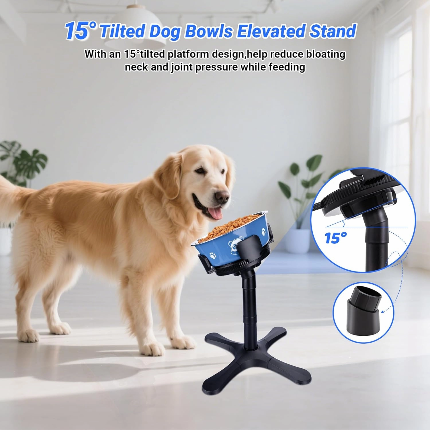 Dog Bowls,Elevated Adjustable Dog Bowl Stand with 3 Heights & Tilted Feeding Design, Raised Stand Compatible with Medium & Large Breeds (with Bowl)