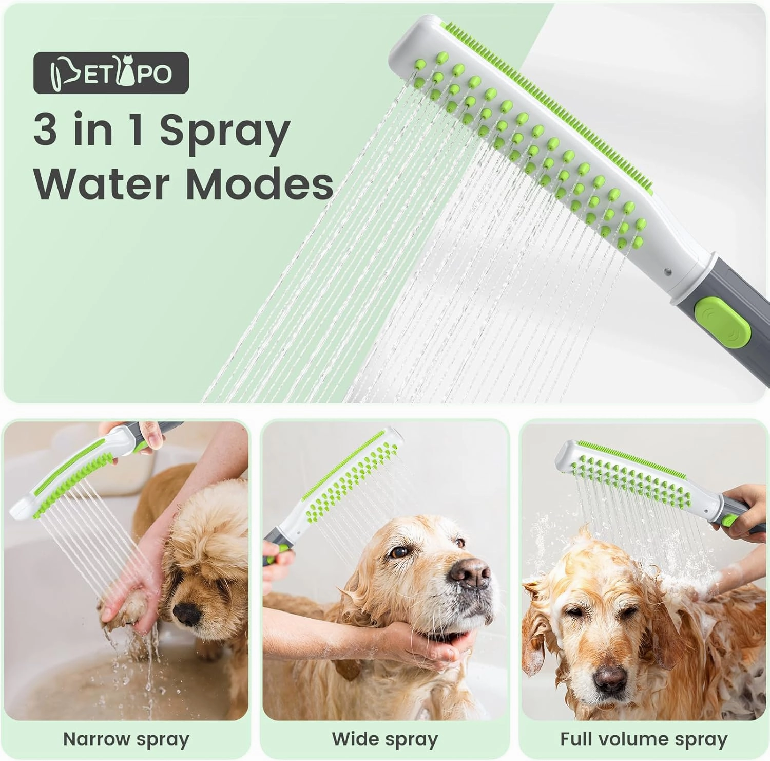 Dog Shower Attachment, One-Button Control, 3 Spray Modes with Metal T-Diverter, Dog Shower Attachment for Fast and Easy Bathing and Cleaning, Indoor and Outdoor Sprayer 8-Foot Flex Hose