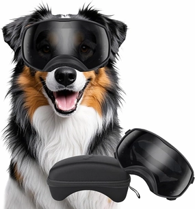 Dog Sunglasses UV Protection Clear Dog Goggles Windproof Glasses with Elastic Straps for Medium-Large Breed, Black Frame   Black Lens