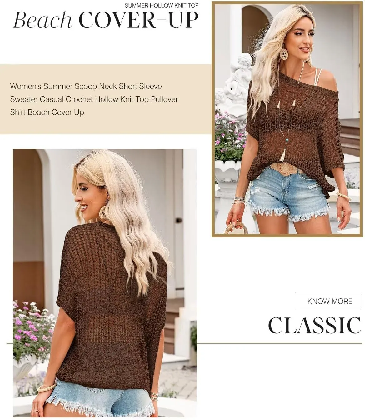 Dokotoo Womens Summer Scoop Neck Short Sleeve Sweater Casual Crochet Hollow Out Knit Tops Pullover Shirts Beach Coverup