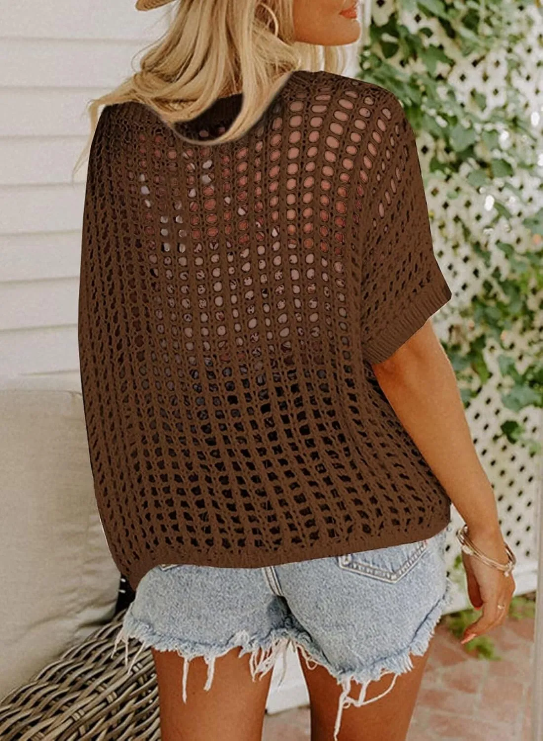 Dokotoo Womens Summer Scoop Neck Short Sleeve Sweater Casual Crochet Hollow Out Knit Tops Pullover Shirts Beach Coverup