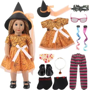 Doll Halloween Costume Set, Doll Clothes for 18 inch Doll,15pcs Set Doll Toys(Orange Set) Witch Cosplay Costume Doll Clothes