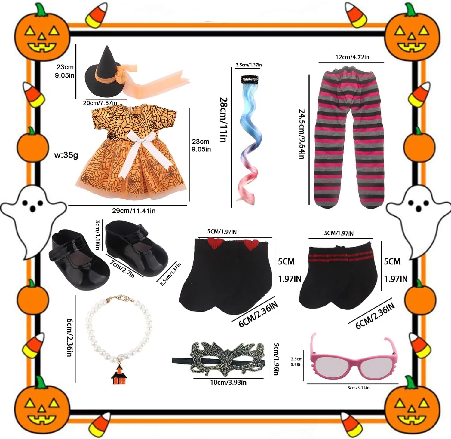 Doll Halloween Costume Set, Doll Clothes for 18 inch Doll,15pcs Set Doll Toys(Orange Set) Witch Cosplay Costume Doll Clothes