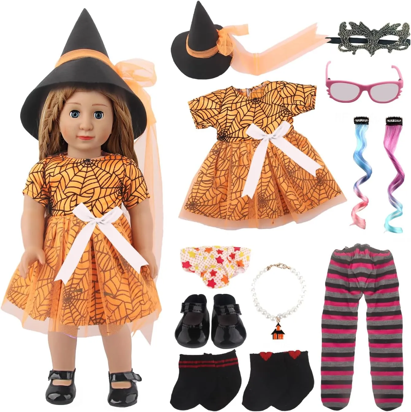 Doll Halloween Costume Set, Doll Clothes for 18 inch Doll,15pcs Set Doll Toys(Orange Set) Witch Cosplay Costume Doll Clothes