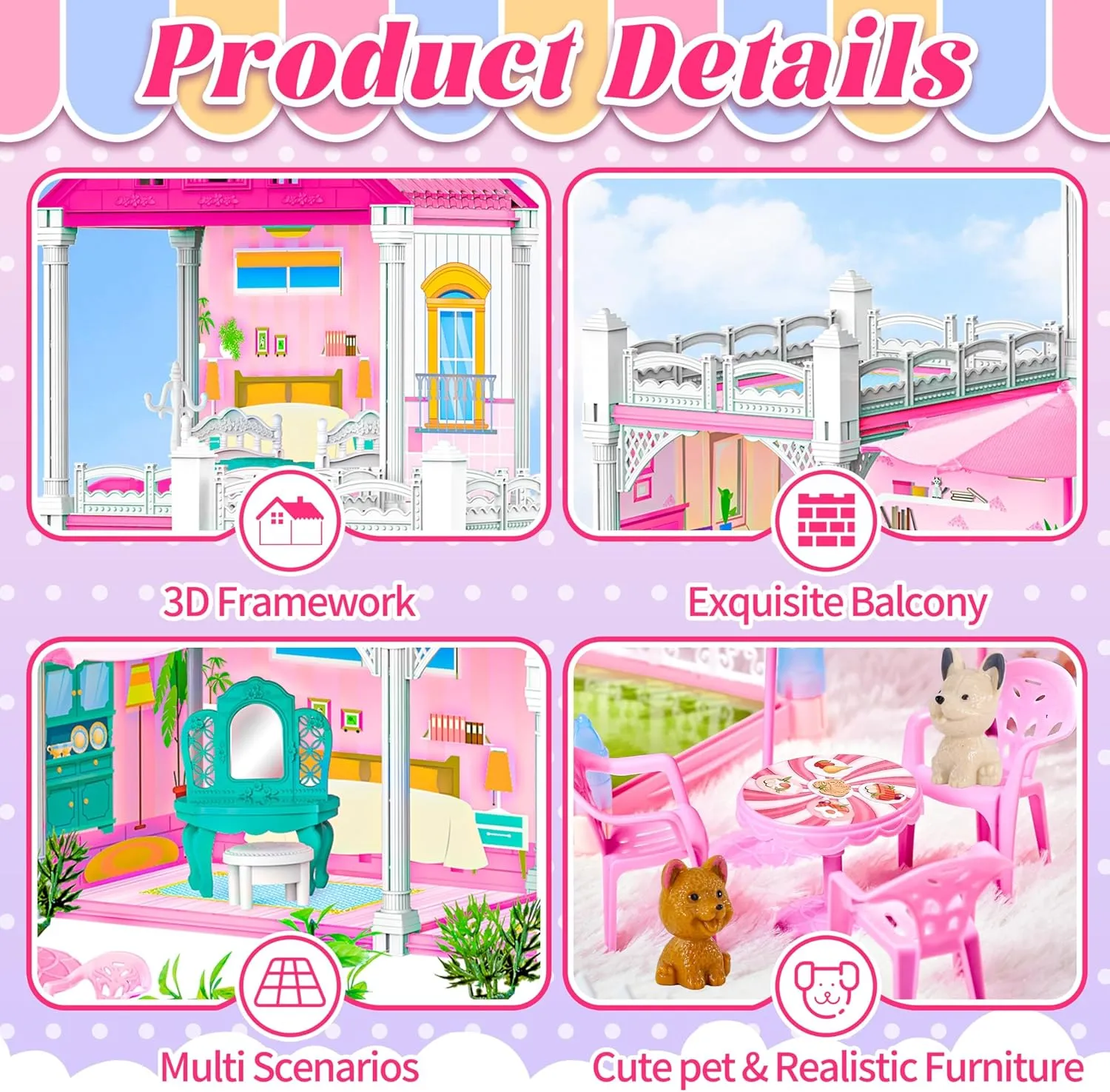 Doll House for Girls,10 Rooms Dollhouse with Dolls Figure, Puppies,Furnitures, Accessories, Kids Playhouse for for 3 4 5 6 7 8 9 10 Year Old