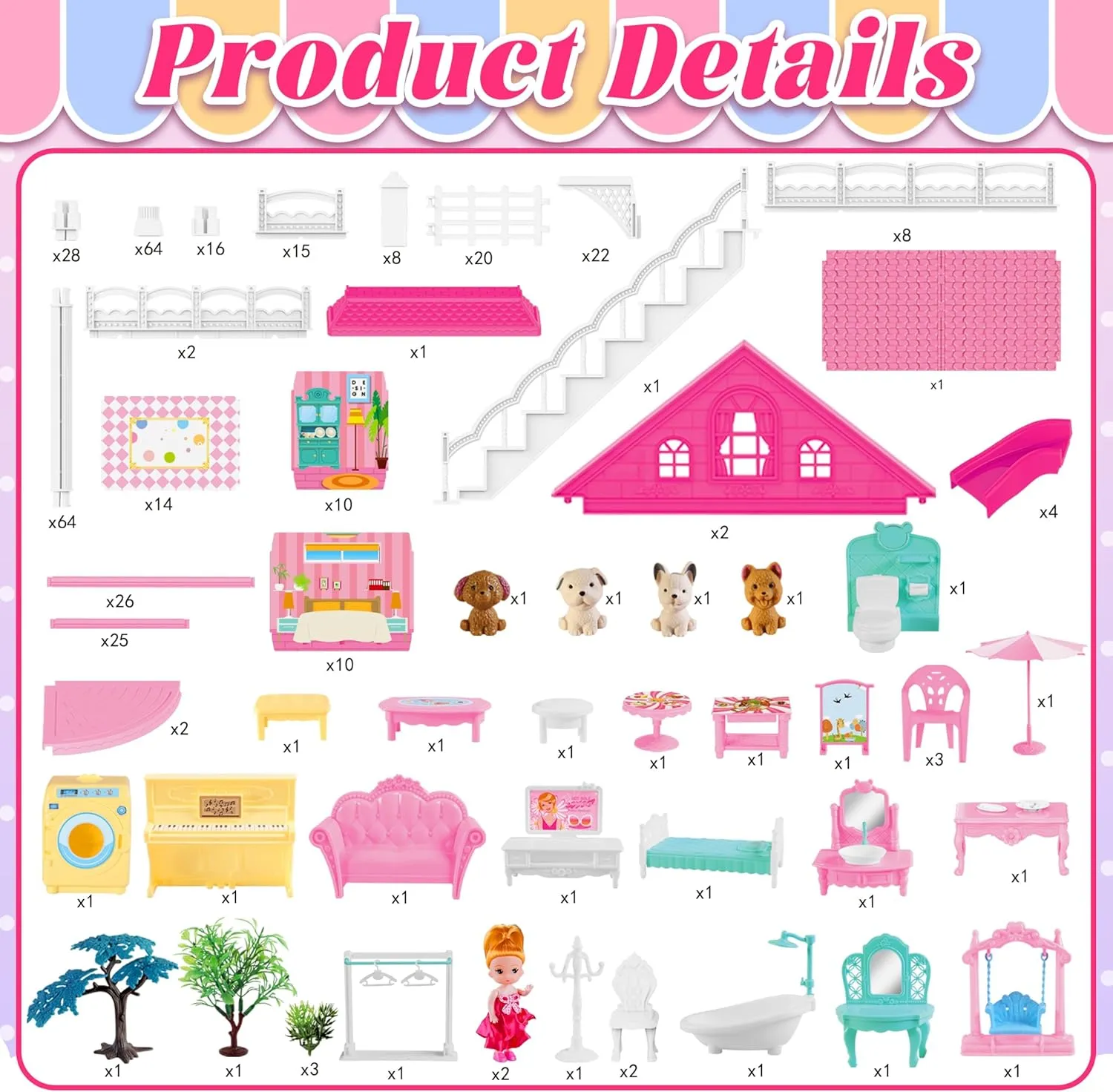 Doll House for Girls,10 Rooms Dollhouse with Dolls Figure, Puppies,Furnitures, Accessories, Kids Playhouse for for 3 4 5 6 7 8 9 10 Year Old