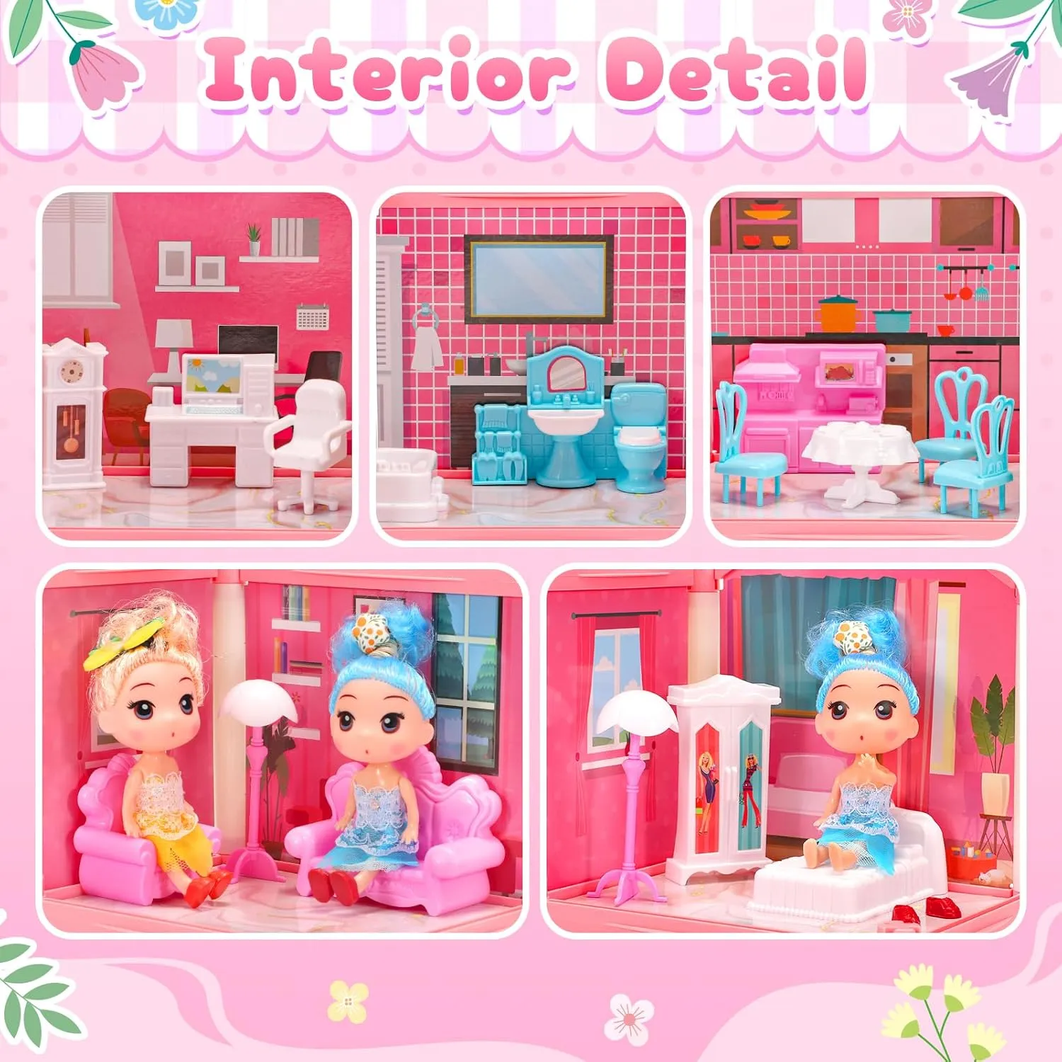Dollhouse with 4-Story 11 Rooms, Dream Gift Princess Doll House Playset with Furniture Pool Slide, Pink Toddler Toy House for 3 4 5 6 7 8 9 10 Year Old Girls