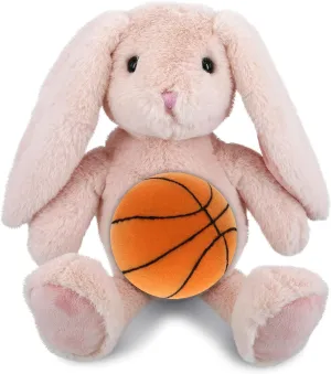 DolliBu Baby Pink Rabbit Stuffed Animal with Basketball Plush - Soft Huggable Rabbit, Adorable Playtime Plush Toy, Cute Farm Animal Gift, Personalized Plush Doll Animal Toy for Kids, Adults - 8 Inch
