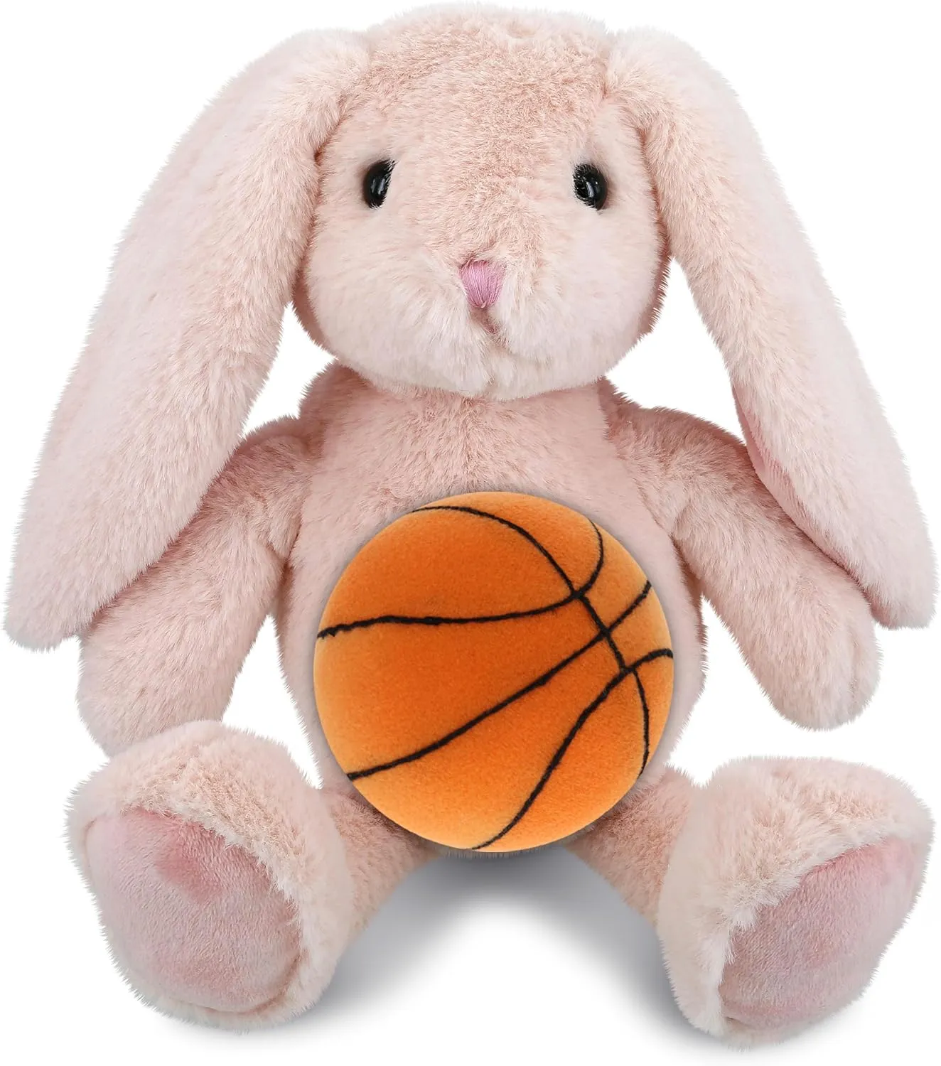 DolliBu Baby Pink Rabbit Stuffed Animal with Basketball Plush - Soft Huggable Rabbit, Adorable Playtime Plush Toy, Cute Farm Animal Gift, Personalized Plush Doll Animal Toy for Kids, Adults - 8 Inch