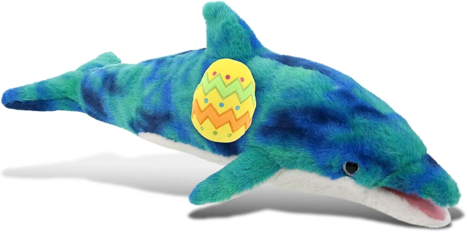 DolliBu Blue Tie-Dye Dolphin with Yellow Easter Egg Plush and Name Personalization - Cute Stuffed Animals for Easter Basket, Easter Egg Stuffed Animal Spring Toys for Girls, Boy, Baby - 18 Inches