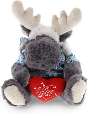 DolliBu I Love You Gray Moose with Sweater Plush – Cute Stuffed Animal with Red Heart and Name Personalization for Valentine, Anniversary, Romantic Date – 13 Inches