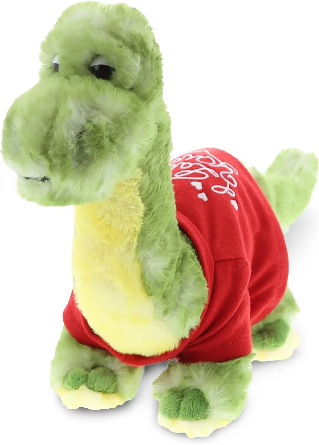 DolliBu I Love You Valentine Plush Green Dinosaur - Cuddly Soft Cute Stuffed Animal with Red Heart Shirt Gift for Valentines Day, Birthday Present, Anniversary - 10 Inches